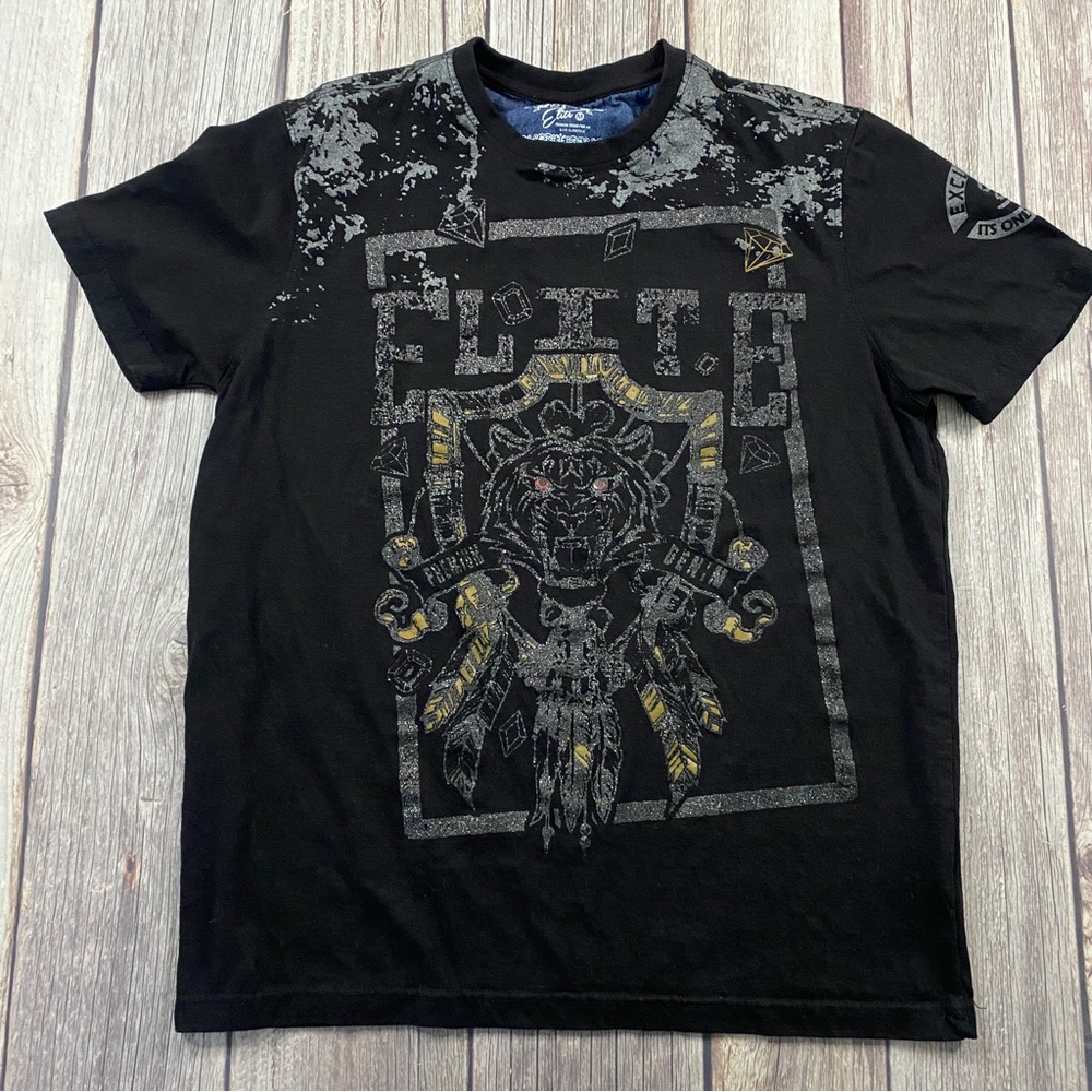 Elite Premium Denim Black Bling Tiger T-Shirt Mens Size Medium.